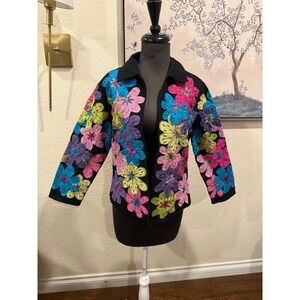 Anage Vintage Womens‎ Small Black Cotton Floral Embroidered Beaded Zip Up Jacket
